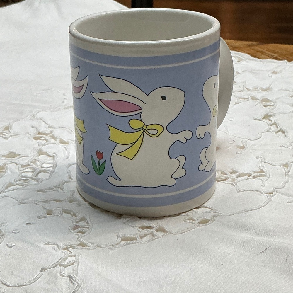 Vintage Easter Bunny‎ Coffee Mug Blue White Rabbit Yellow Bow Ceramic Tea Cup
